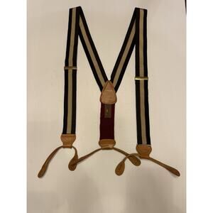Trafalgar Suspenders Braces Navy Blue Ribbon Stripes Brown Leather Button
